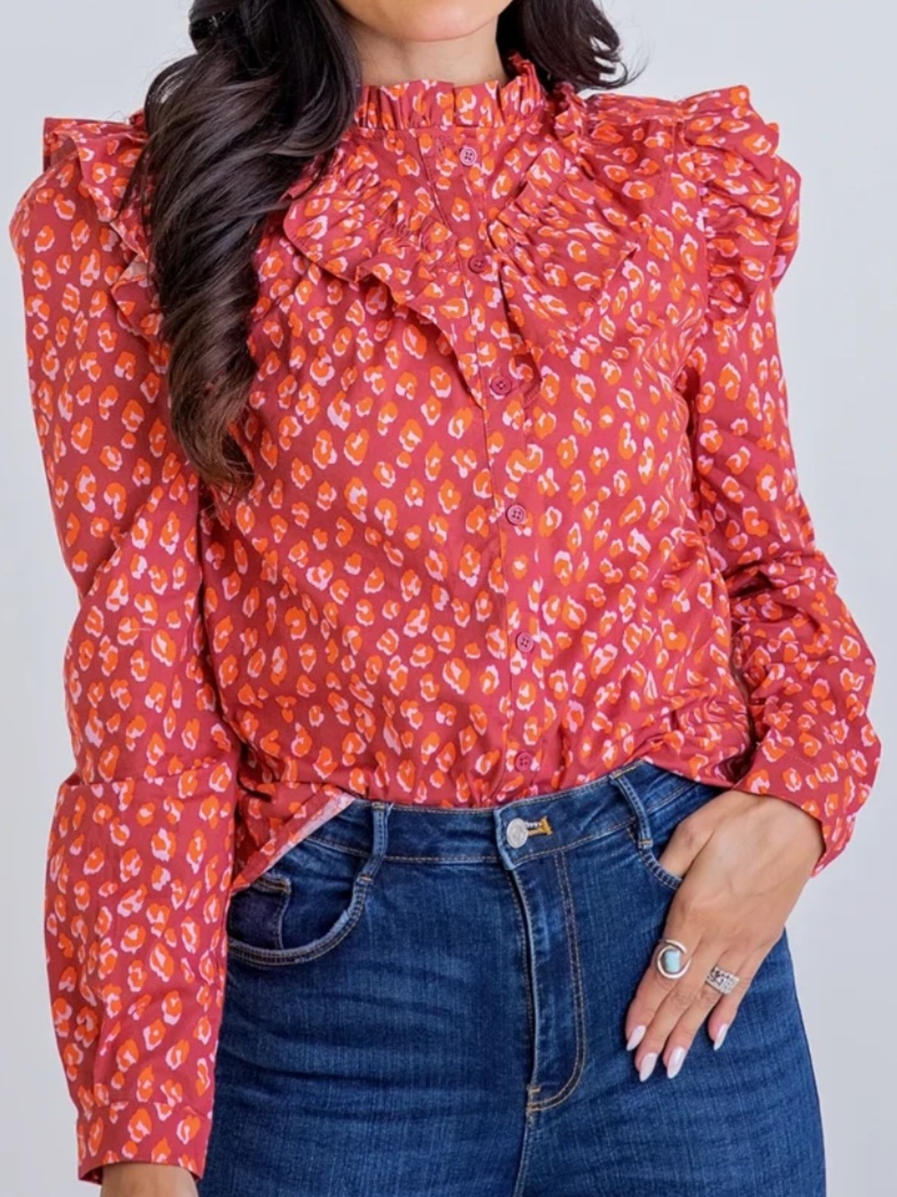Karlie Leopard Ruffle Poplin Top